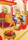 The women in the palace were surprised to see that the poor Brahmana was seated on the bedstead of Lord Krsna.