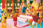 Lord Krsna immediately stood up along with His ministers and secretaries to receive the great sage Narada Muni.