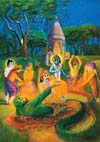 Krsna appeared on the scene and touched the serpent with His lotus feet.
