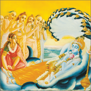 The personified Vedas assemble around the Lord and begin to glorify Him.