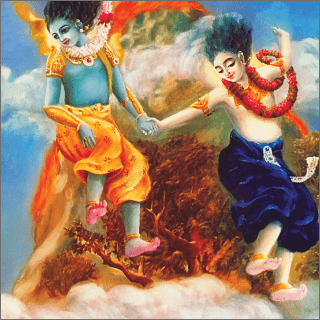 Krsna and Balarama jumped from the top of the mountain.